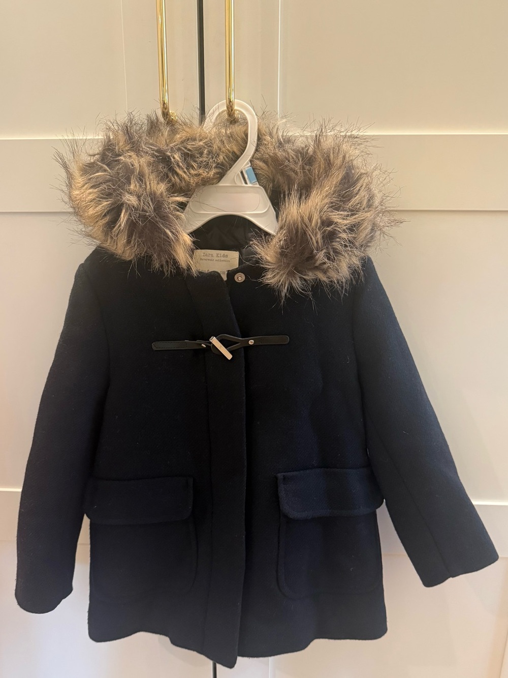 Zara Kids Navy Wool Coat with Faux Fur Hood- (Size: 6)